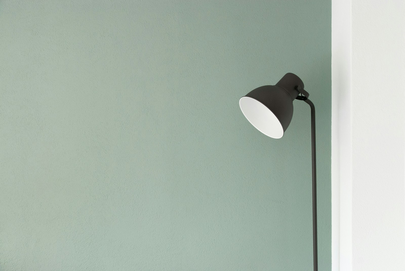 A simple charcoal floor lamp beside a muted sage green wall