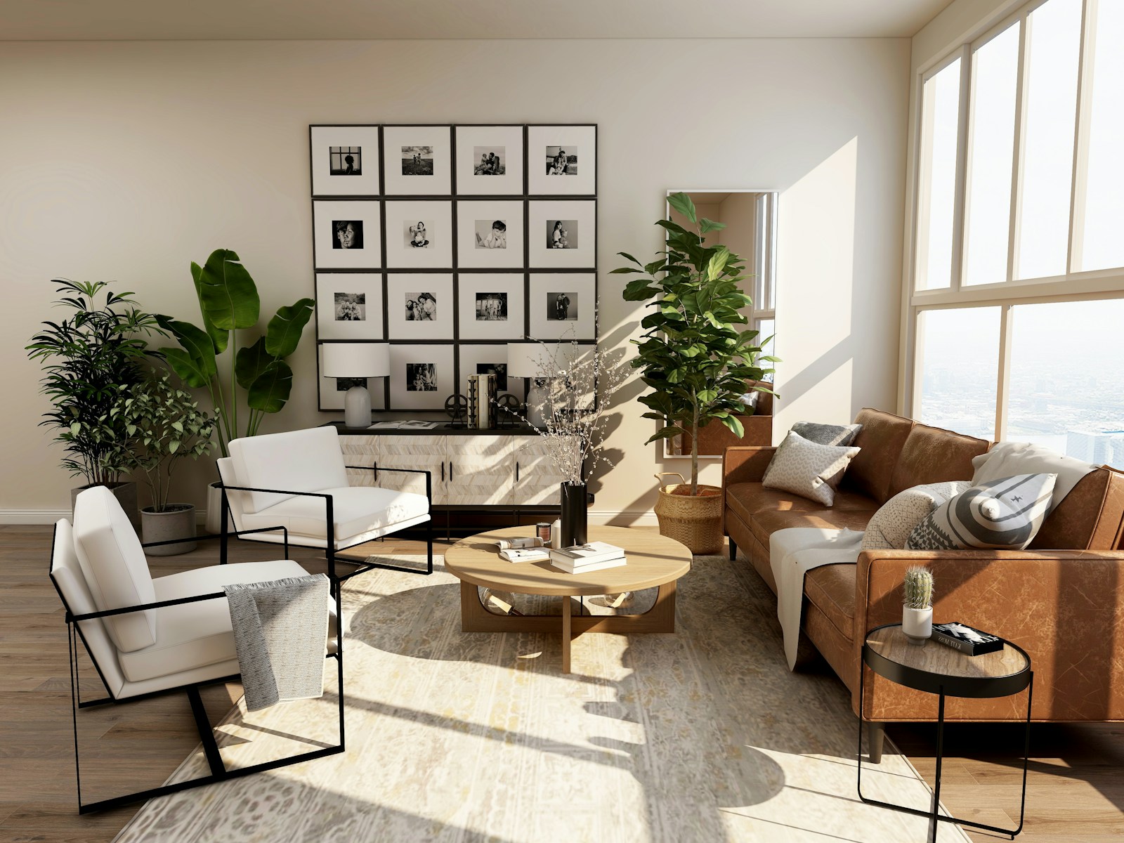 Warm neutral living room with a pale sofa and natural wood furniture